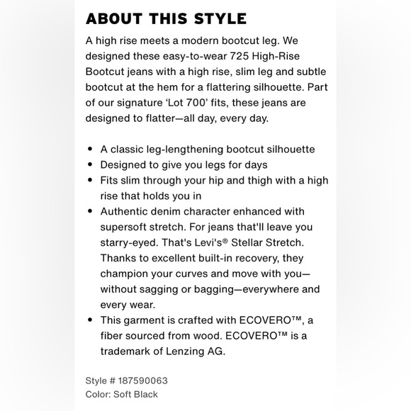 LEVI’S 725 High Rise Bootcut Jeans in Soft Black - 29 - Picture 12 of 14